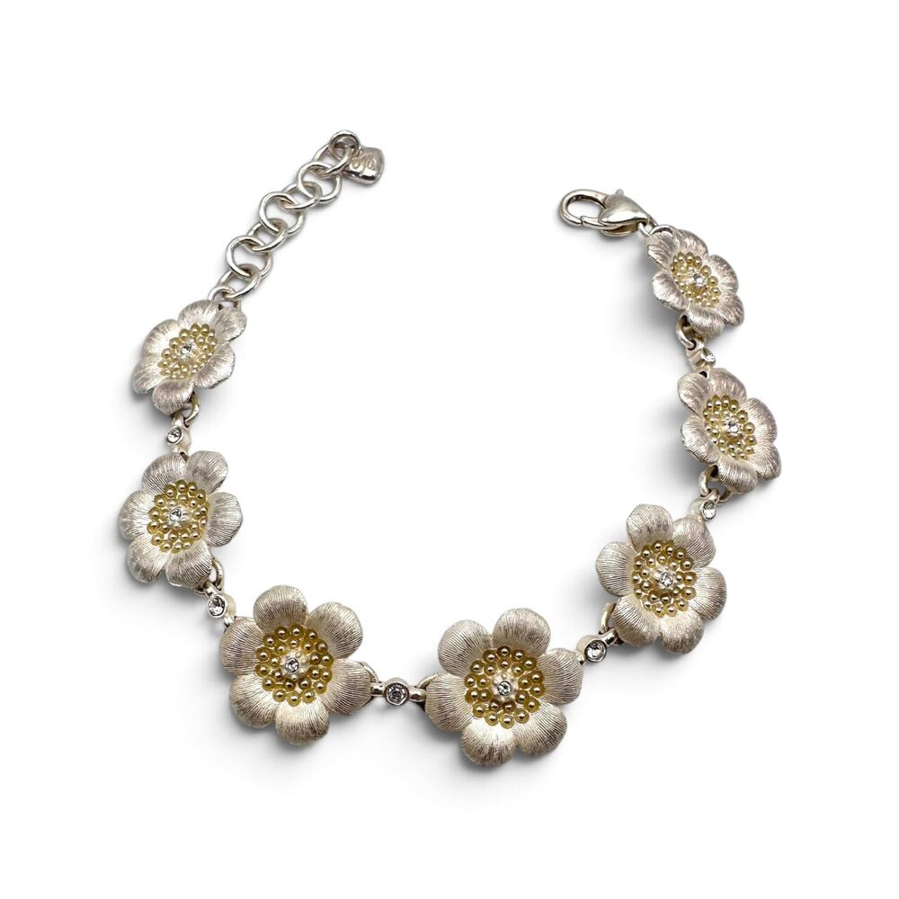 Brighton Brushed Silver Flower Floral Link Bracelet Retired Adjustable 7-8"